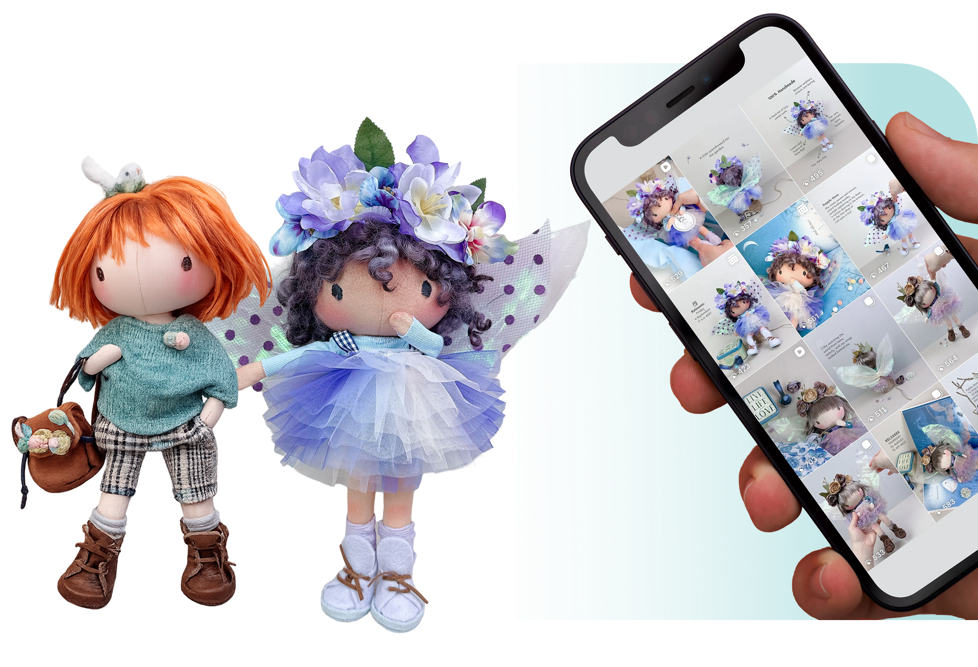 Handmade Nixie art dolls photographed beside a phone showing the Nixie Dolls Instagram feed
